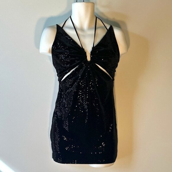 DO+BE SZ M Black Stretch Bodycon Halter Cutout Sequin Velvet Dress sexy club Y2K - Picture 1 of 9
